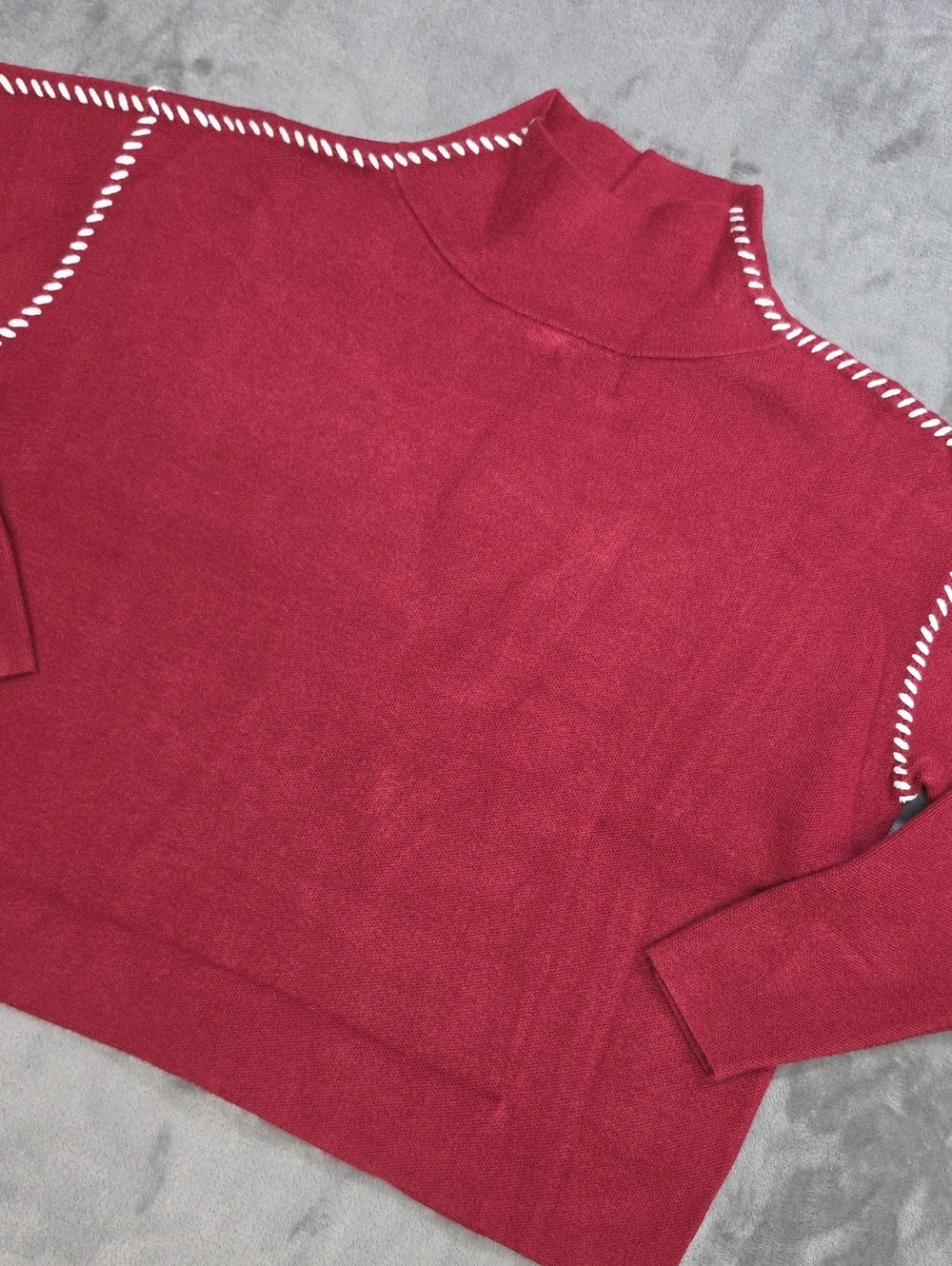 Maeve XXS Deep Red Mock Neck Oversized Sweater with White Stitching